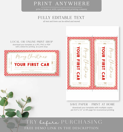 Stripe Red | Printable First Car Christmas Gift Voucher Template