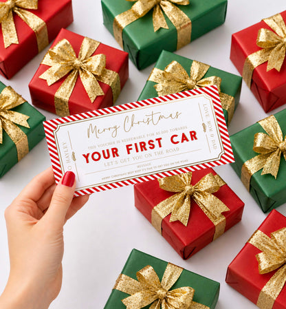 Stripe Red | Printable First Car Christmas Gift Voucher Template