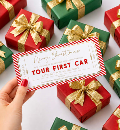 Stripe Red | Printable First Car Christmas Gift Voucher Template