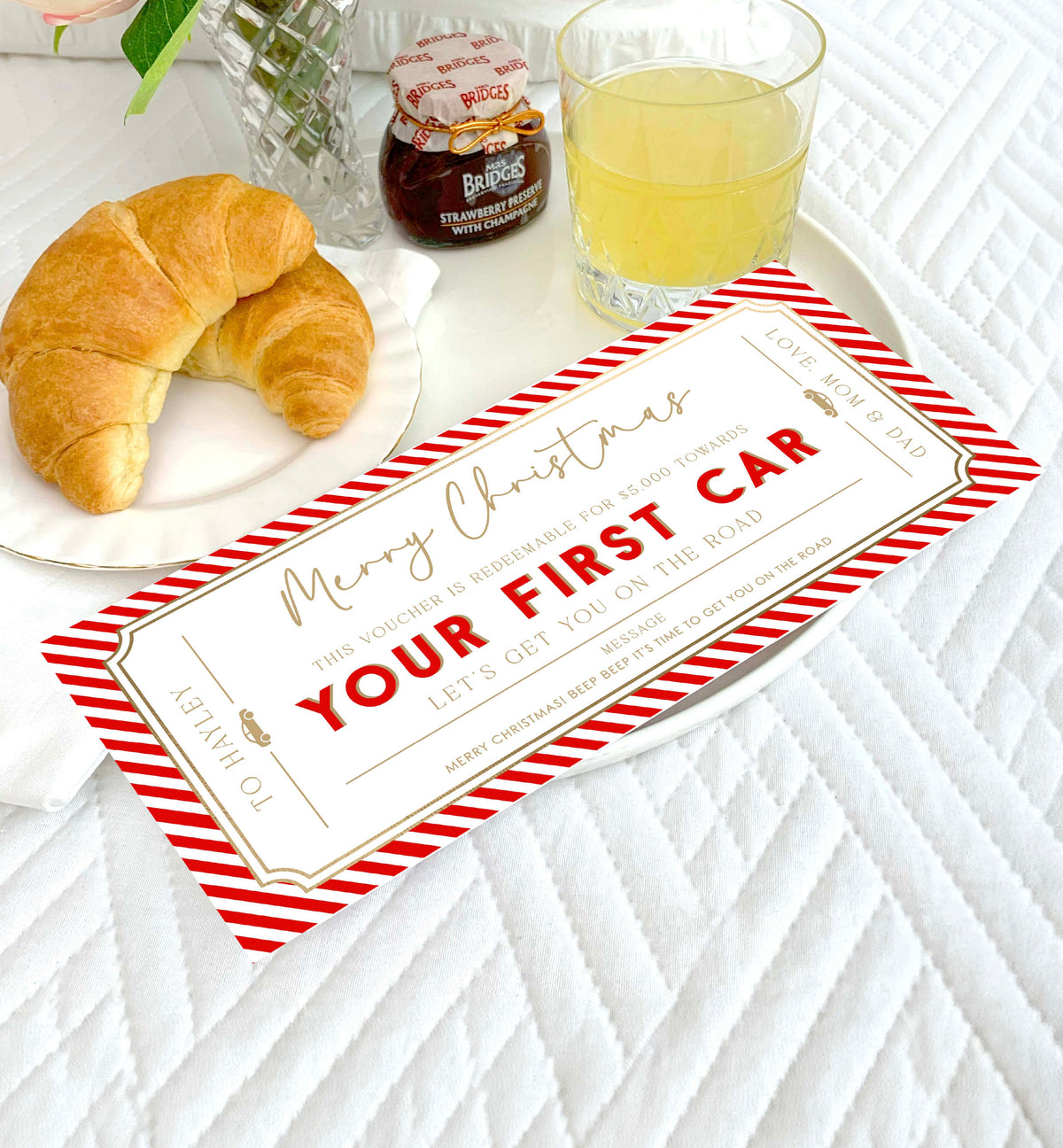 Stripe Red | Printable First Car Christmas Gift Voucher Template
