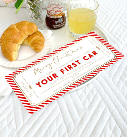 Stripe Red | Printable First Car Christmas Gift Voucher Template
