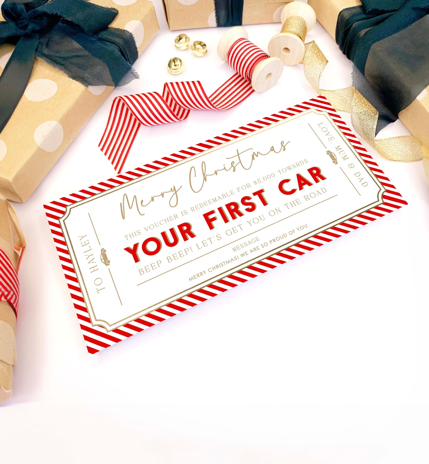 Stripe Red | Printable First Car Christmas Gift Voucher Template
