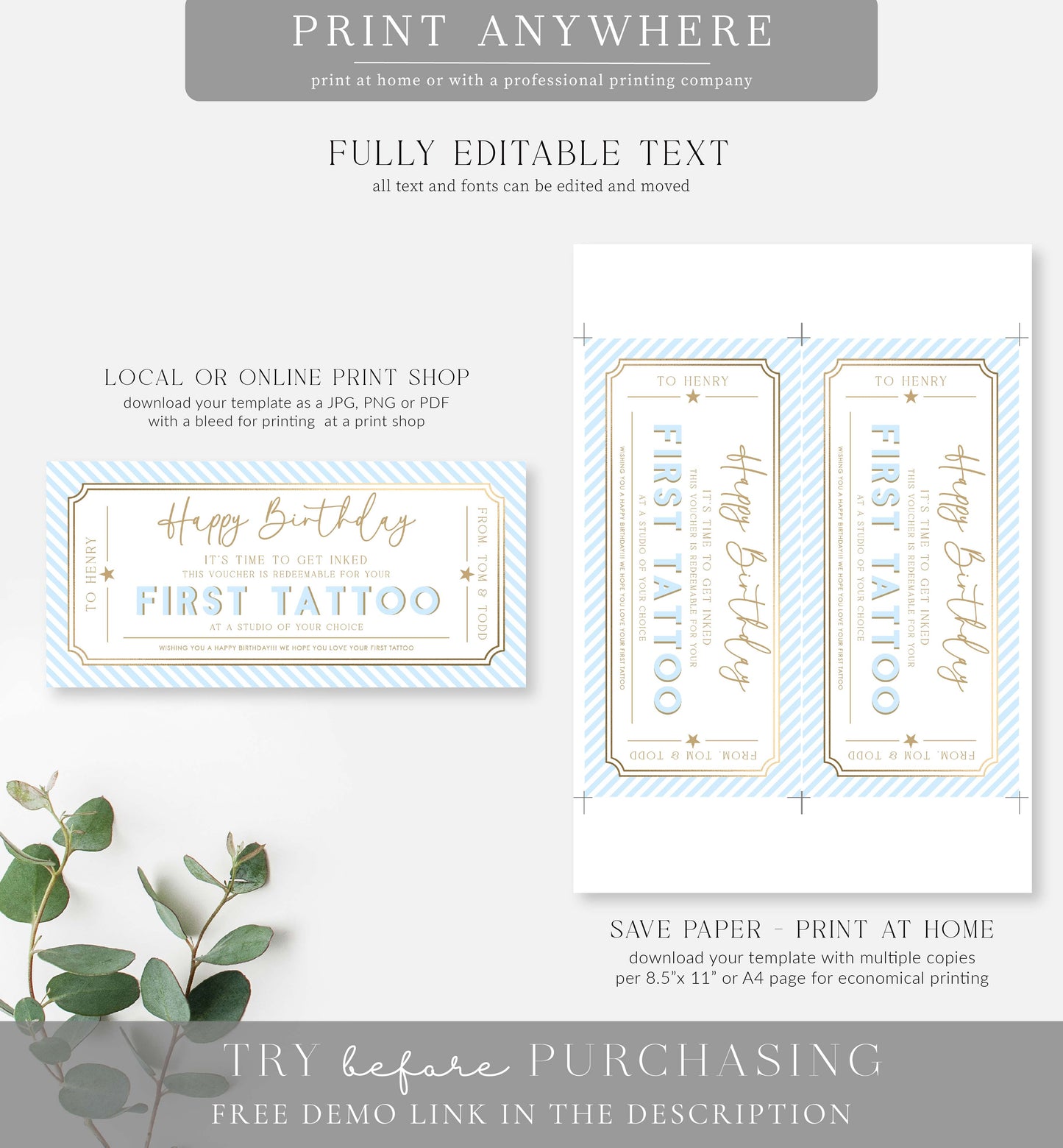 Stripe Blue | Printable Tattoo Custom Gift Voucher Template