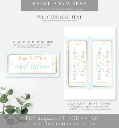 Stripe Blue | Printable Tattoo Custom Gift Voucher Template