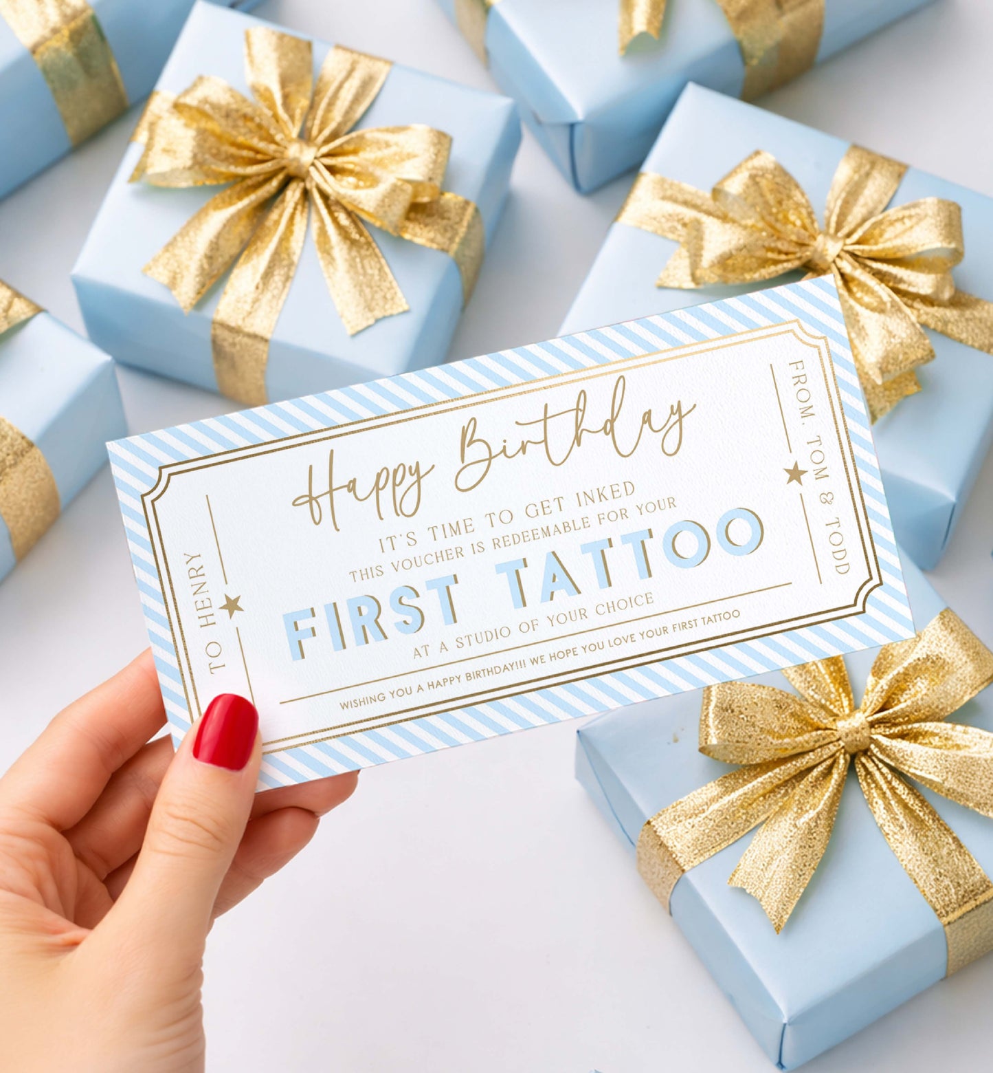 Stripe Blue | Printable Tattoo Custom Gift Voucher Template