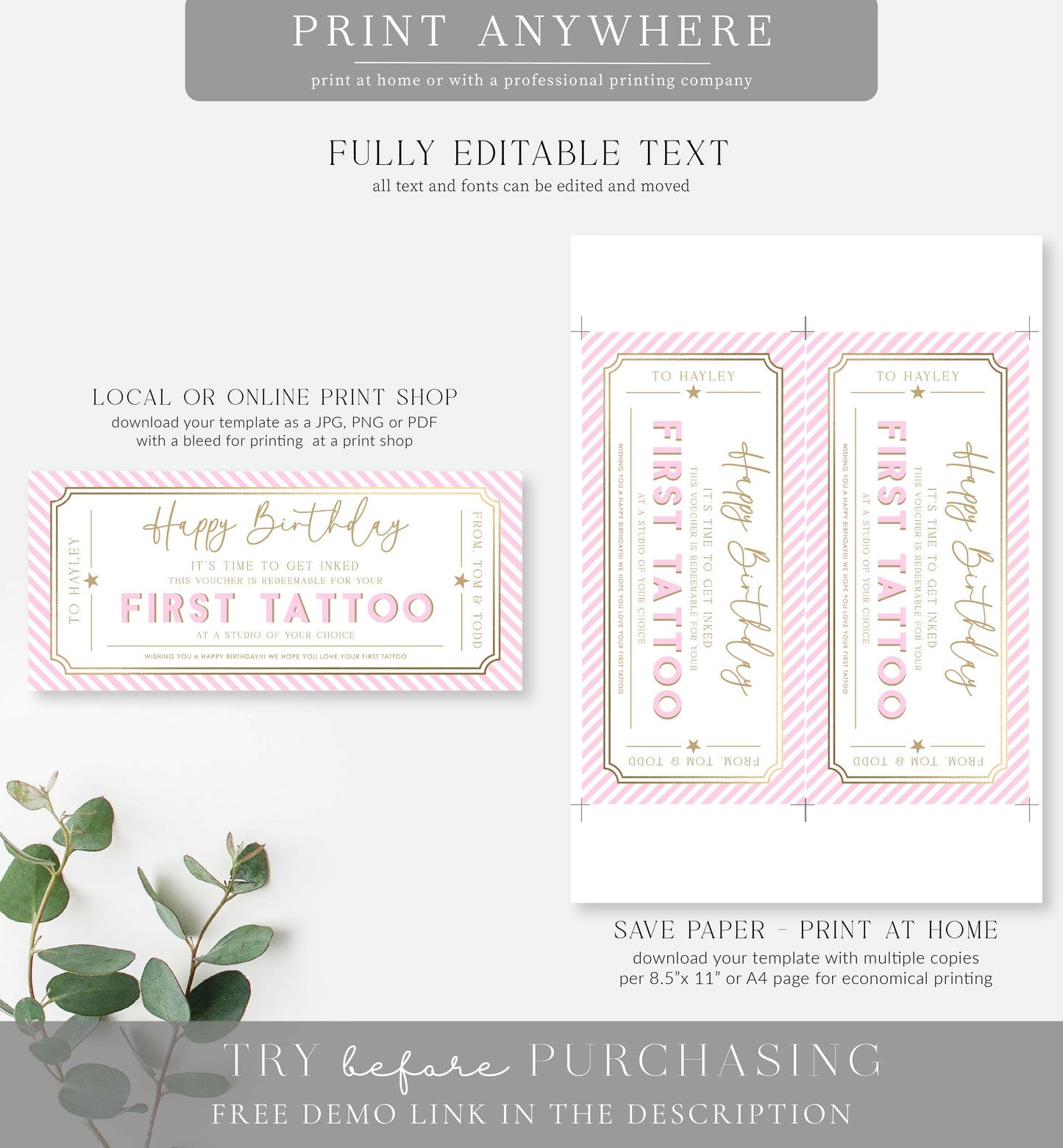 Stripe Pink | Printable Tattoo Custom Gift Voucher Template