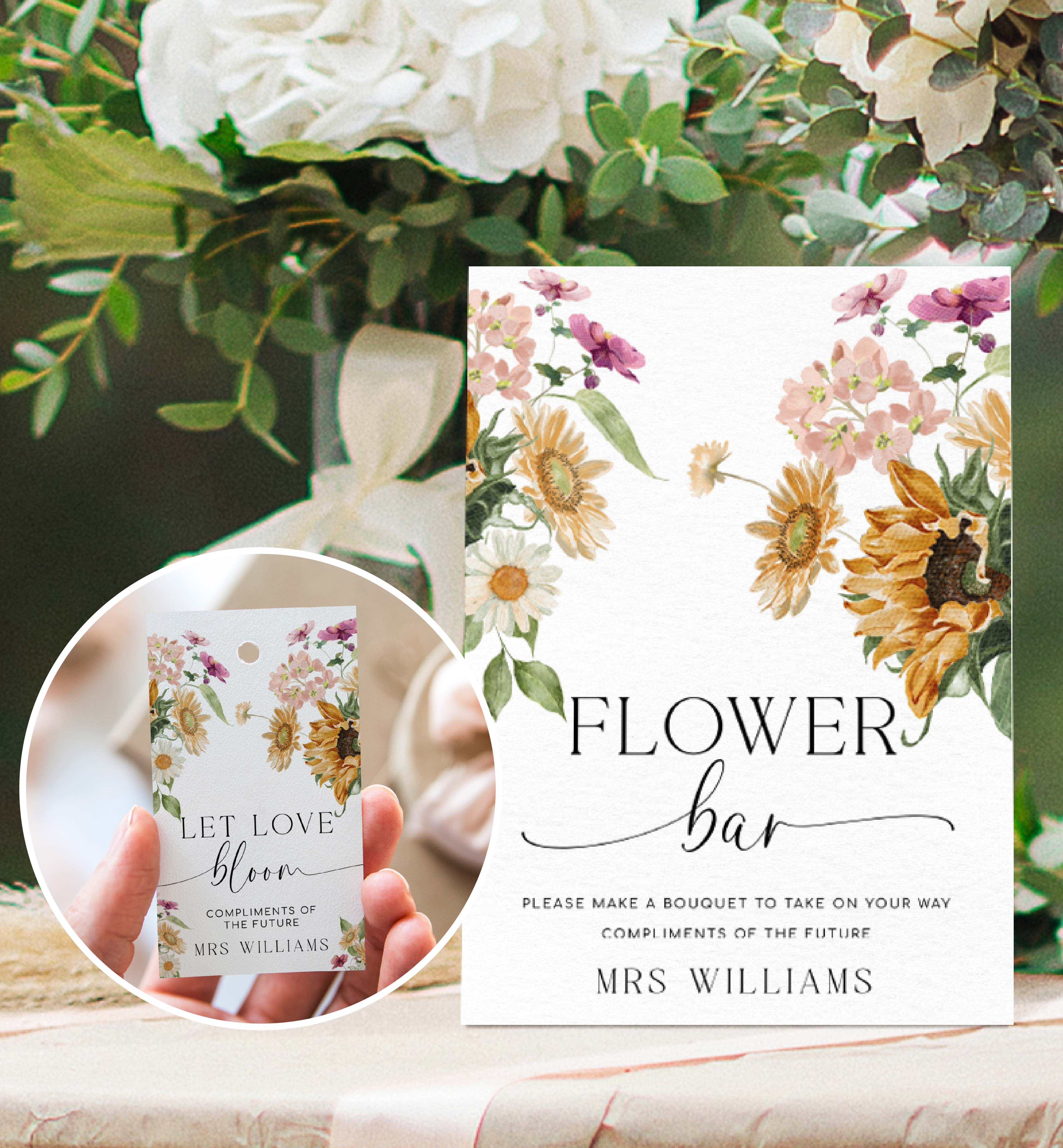 Mews Floral White | Printable Flower Bar Sign – Black Bow Studio