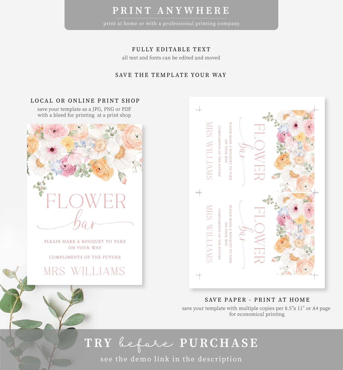 Millie Floral White | Printable Flower Bar Sign Template