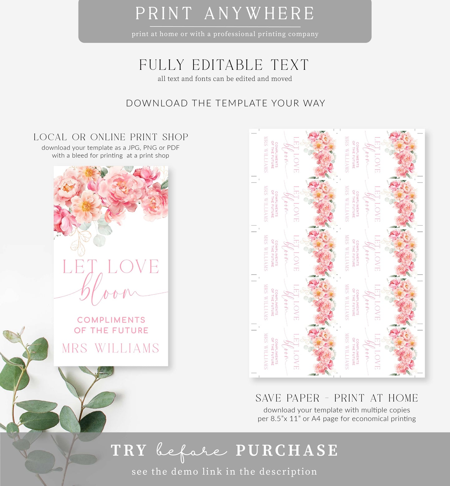 Piper Floral White | Printable Flower Bar Sign and Tag Template