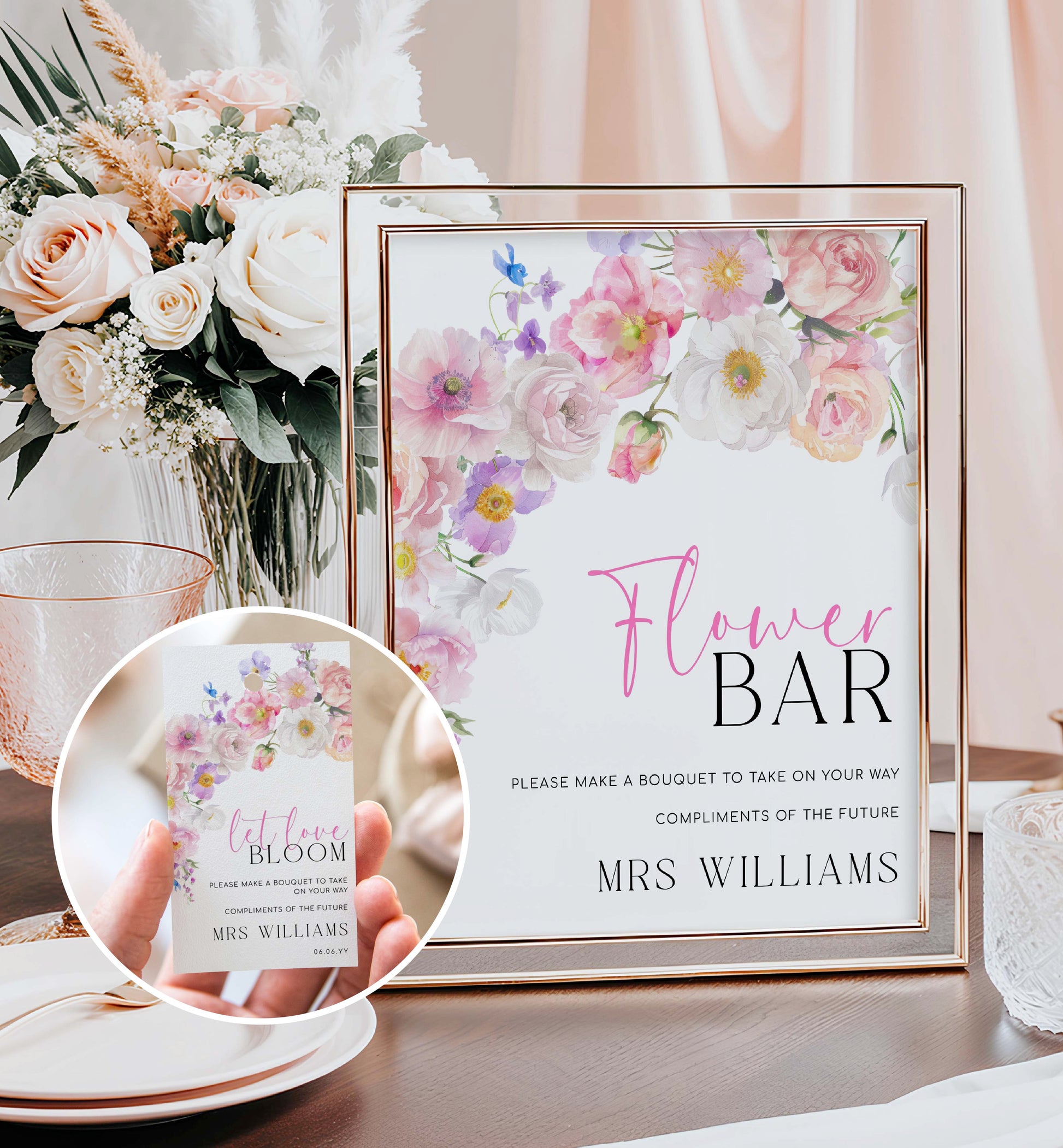 Printable Floral Flower Bar Sign and Favor Tag, Bridal Shower Bouquet Station Sign, Wildflower Bouquet Favor Sign and Favor Tag, Eloise