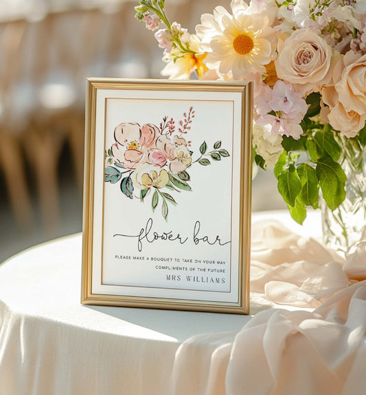 Floral sign for a flower bar with a gold frame and flowers in the background. Vintage Blush Floral Flower Bar Sign, Printable Boho Bridal Shower Flower Station Sign, Bouquet Bar Sign, Flower Station Sign, Cambridge