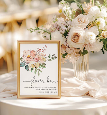 Flower bar sign with floral design and bouquet on a table. Vintage Blush Floral Flower Bar Sign, Printable Boho Bridal Shower Flower Station Sign, Bouquet Bar Sign, Flower Station Sign, Cambridge