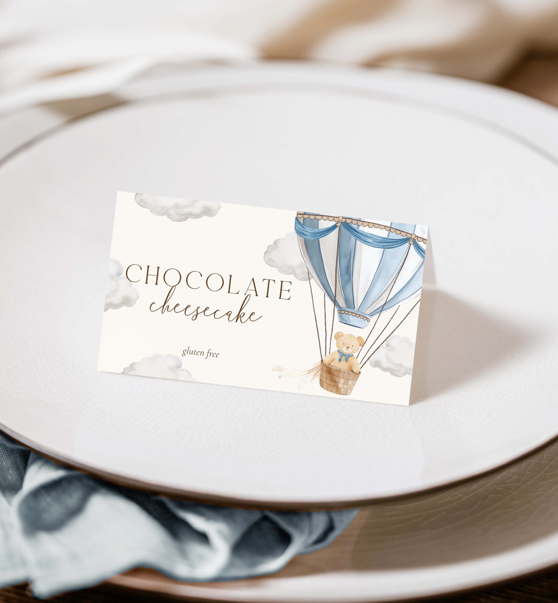 Printable Tent and Flat Style Food Name Cards, Teddy Bear Hot Air Balloon Baby Shower Place Cards, Boy Baby Shower, We Can Bearly Wait