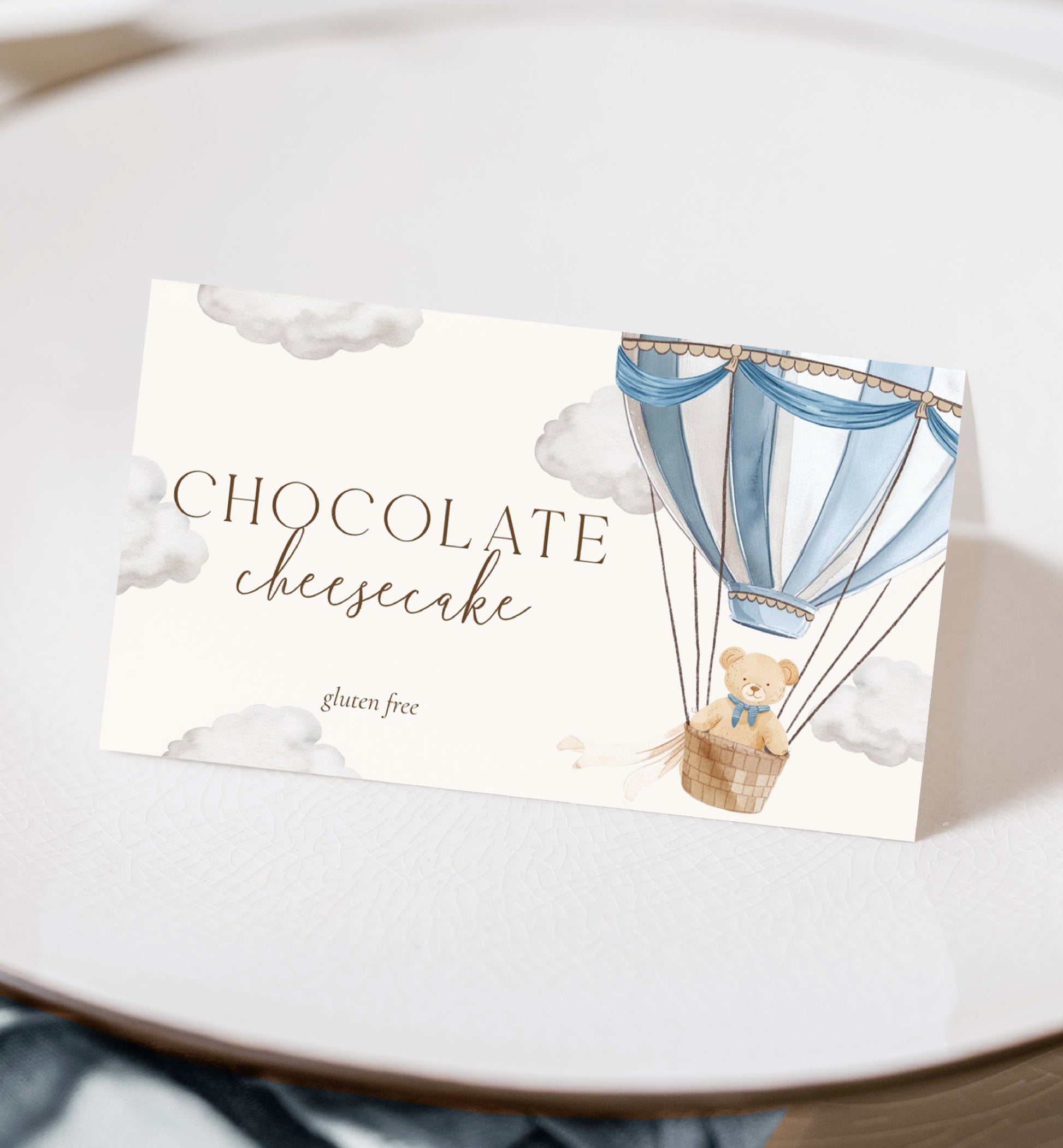 Printable Tent and Flat Style Food Name Cards, Teddy Bear Hot Air Balloon Baby Shower Place Cards, Boy Baby Shower, We Can Bearly Wait