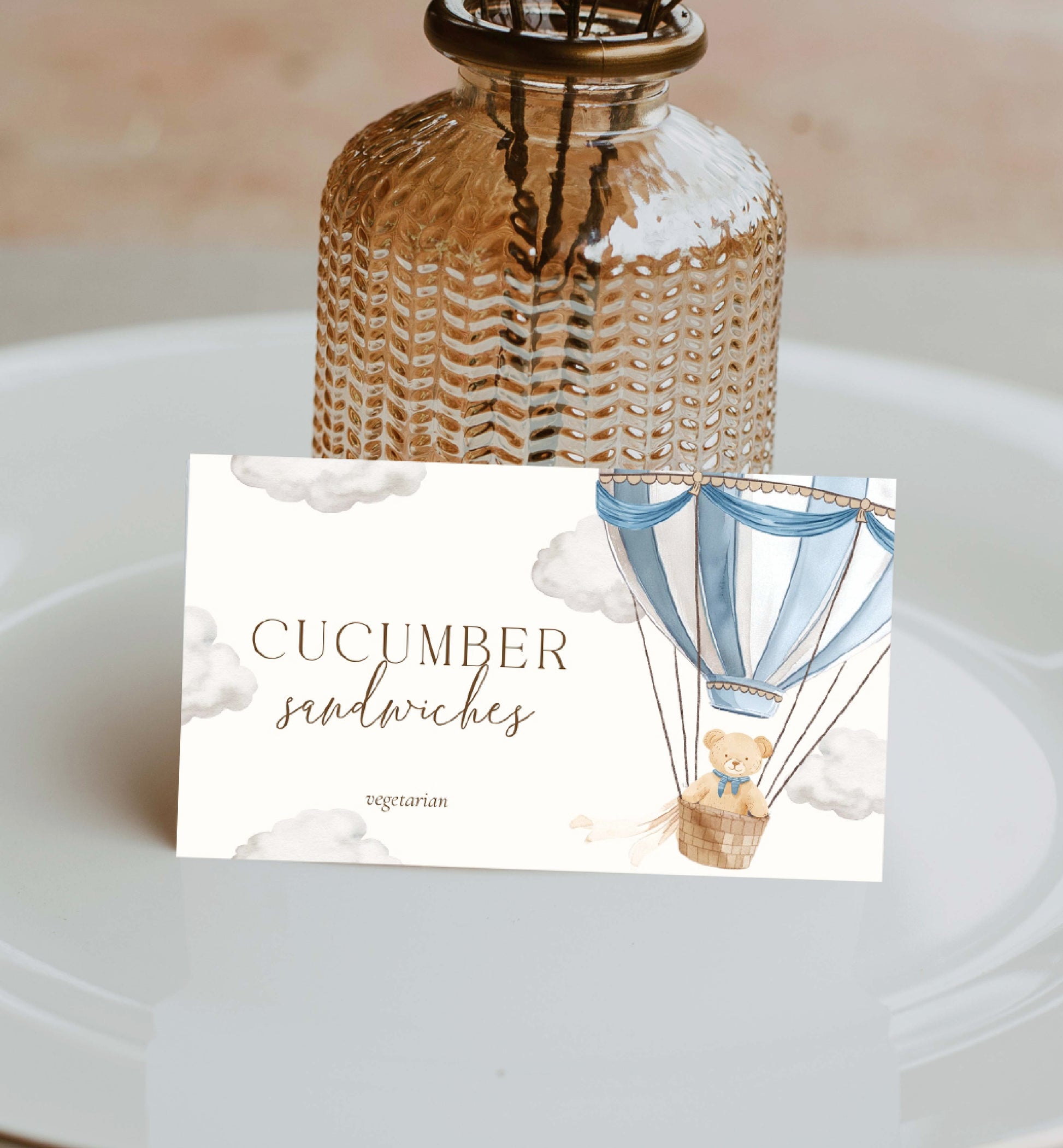 Printable Tent and Flat Style Food Name Cards, Teddy Bear Hot Air Balloon Baby Shower Place Cards, Boy Baby Shower, We Can Bearly Wait