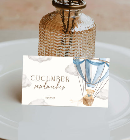 Printable Tent and Flat Style Food Name Cards, Teddy Bear Hot Air Balloon Baby Shower Place Cards, Boy Baby Shower, We Can Bearly Wait