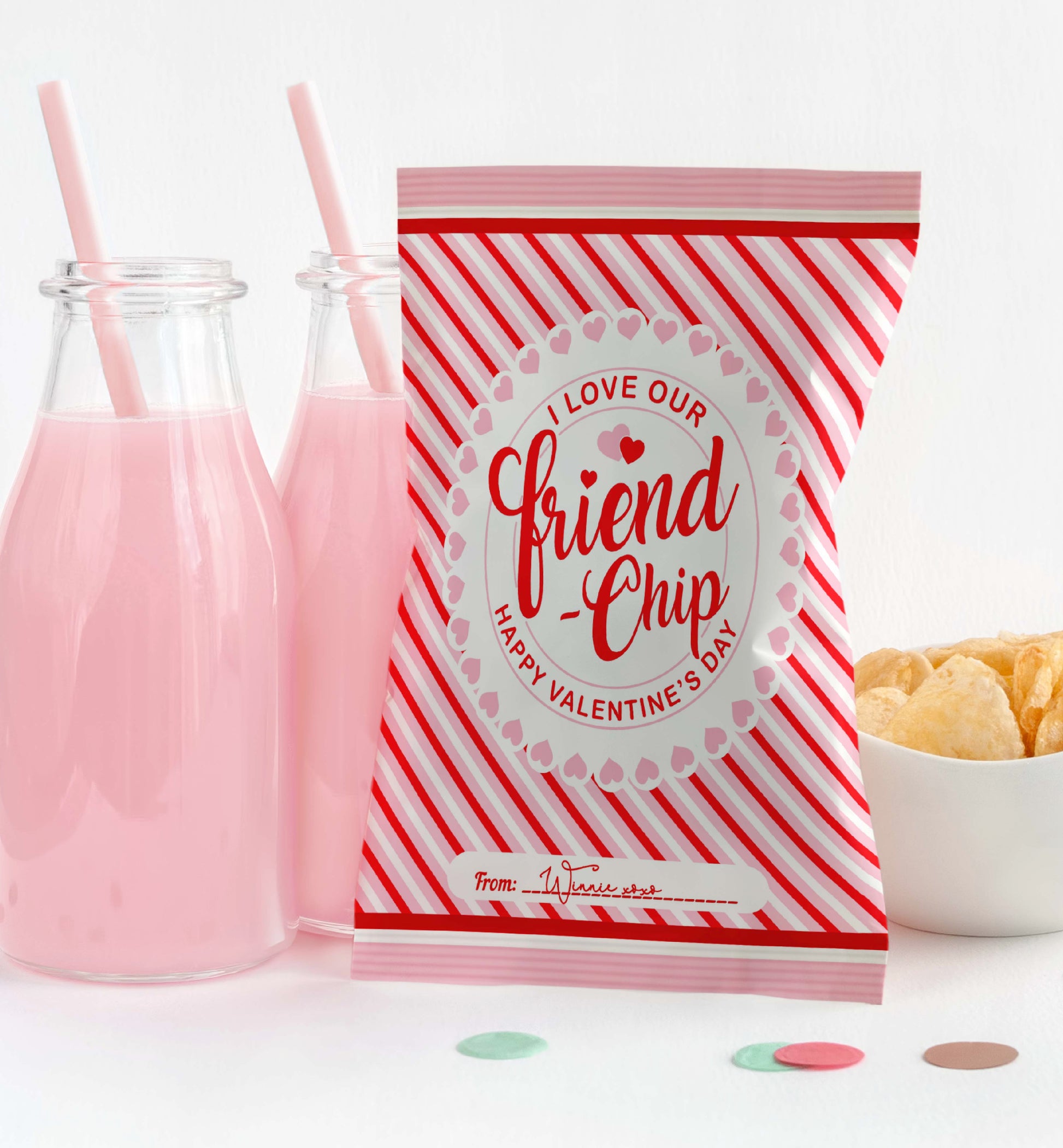 Printable Valentine's Day Chip Packet Wrappers, I Love Our Friendchip Printable Chip Crisp Bag Favors, Classroom Valentine's Treat