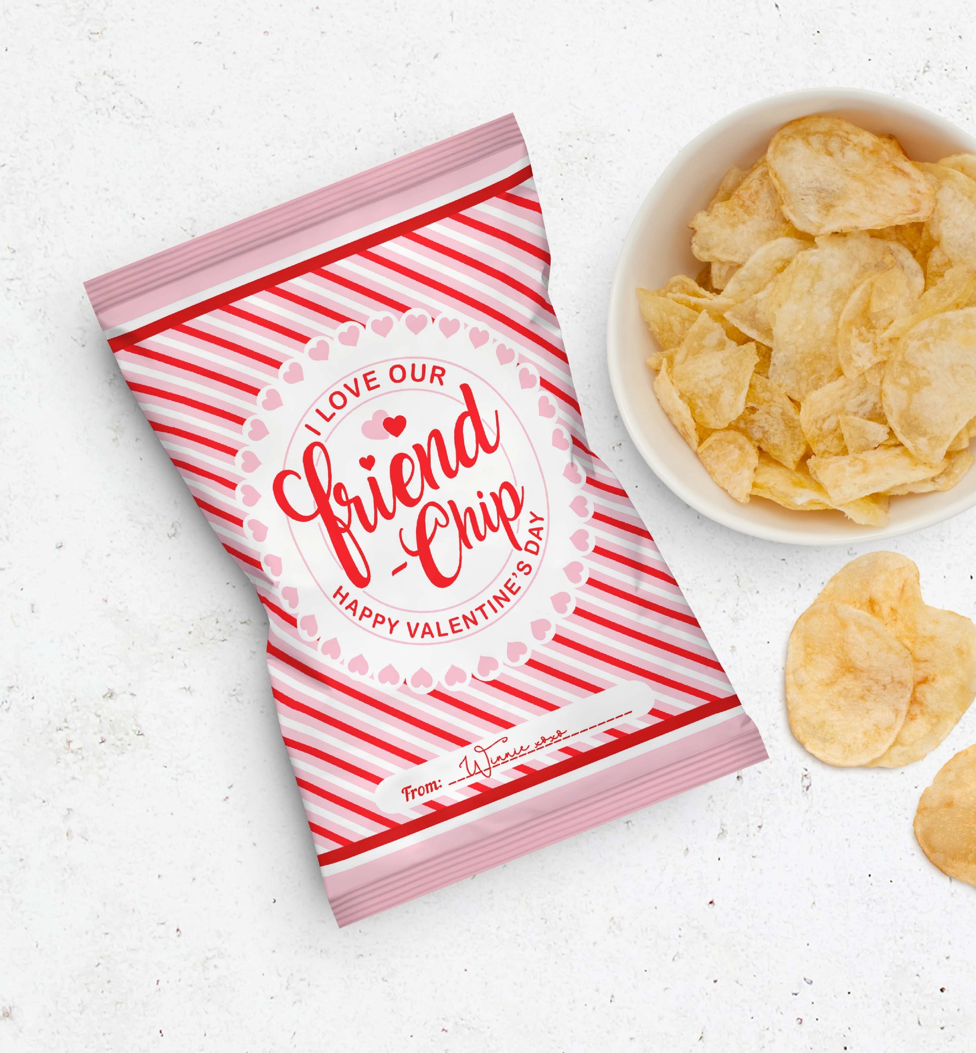 Printable Valentine's Day Chip Packet Wrappers, I Love Our Friendchip Printable Chip Crisp Bag Favors, Classroom Valentine's Treat