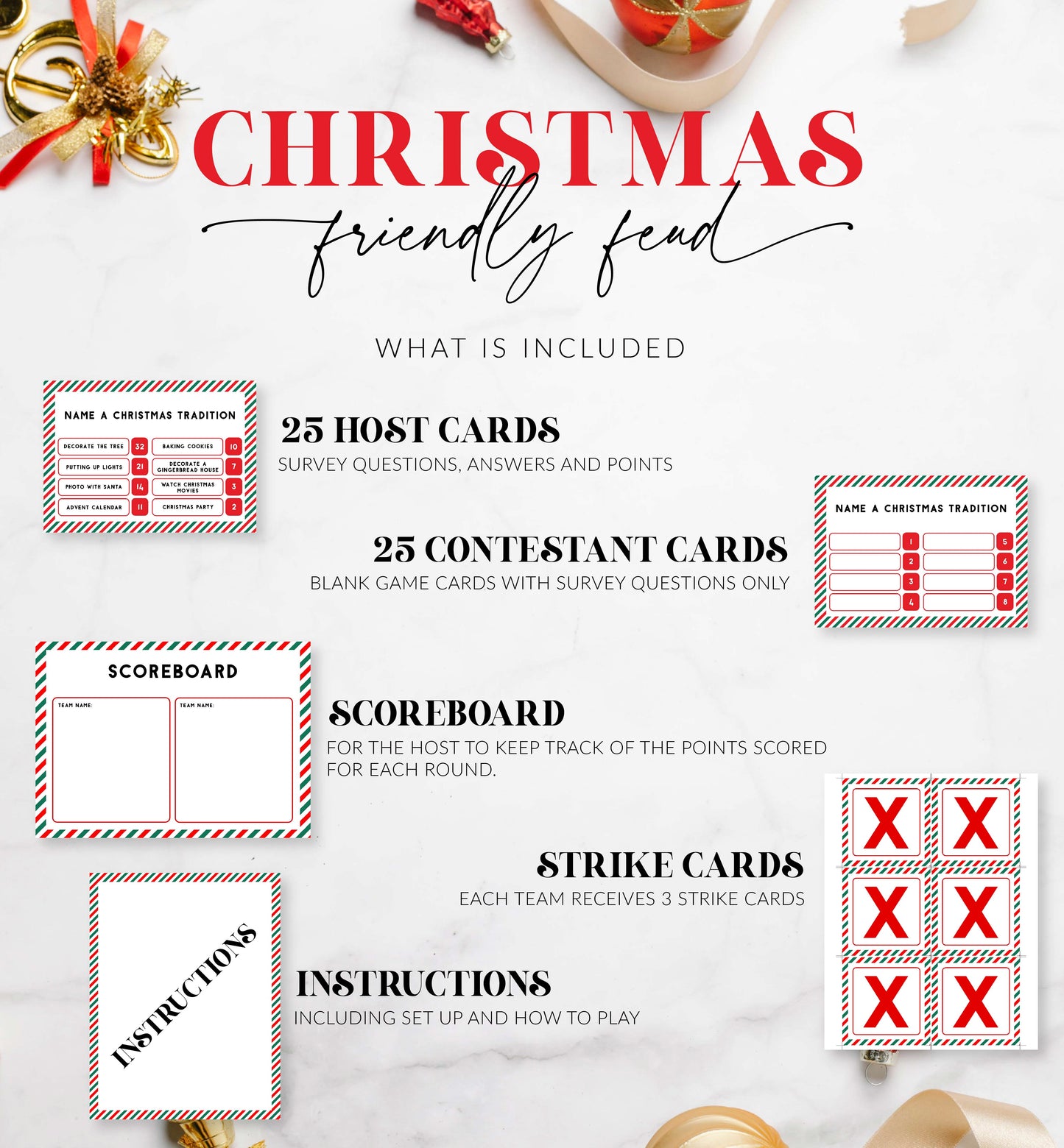 Christmas Friendly Feud Game, Printable Christmas Game, Family Christmas Game, Holiday Party Games, Adult Christmas Party Game, Stripe