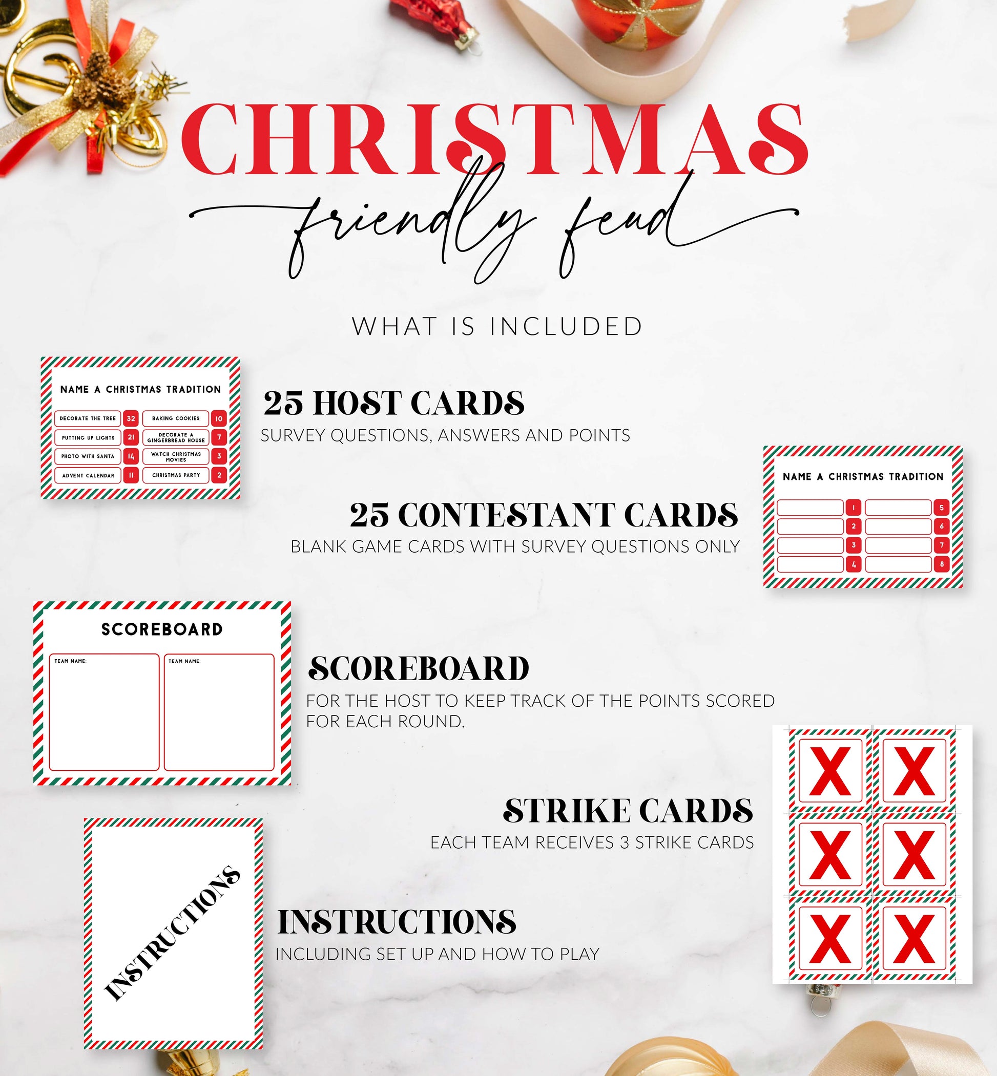 Christmas Friendly Feud Game, Printable Christmas Game, Family Christmas Game, Holiday Party Games, Adult Christmas Party Game, Stripe