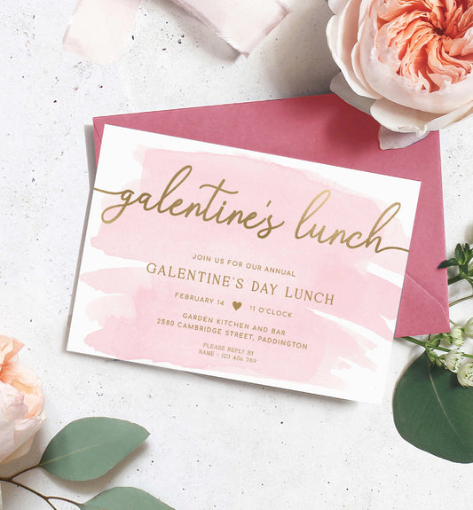Galentine's Lunch Invitation Template, Printable Valentine's Day Lunch Party Invitation, Galentine's Invitation, Gold, Pink Watercolour