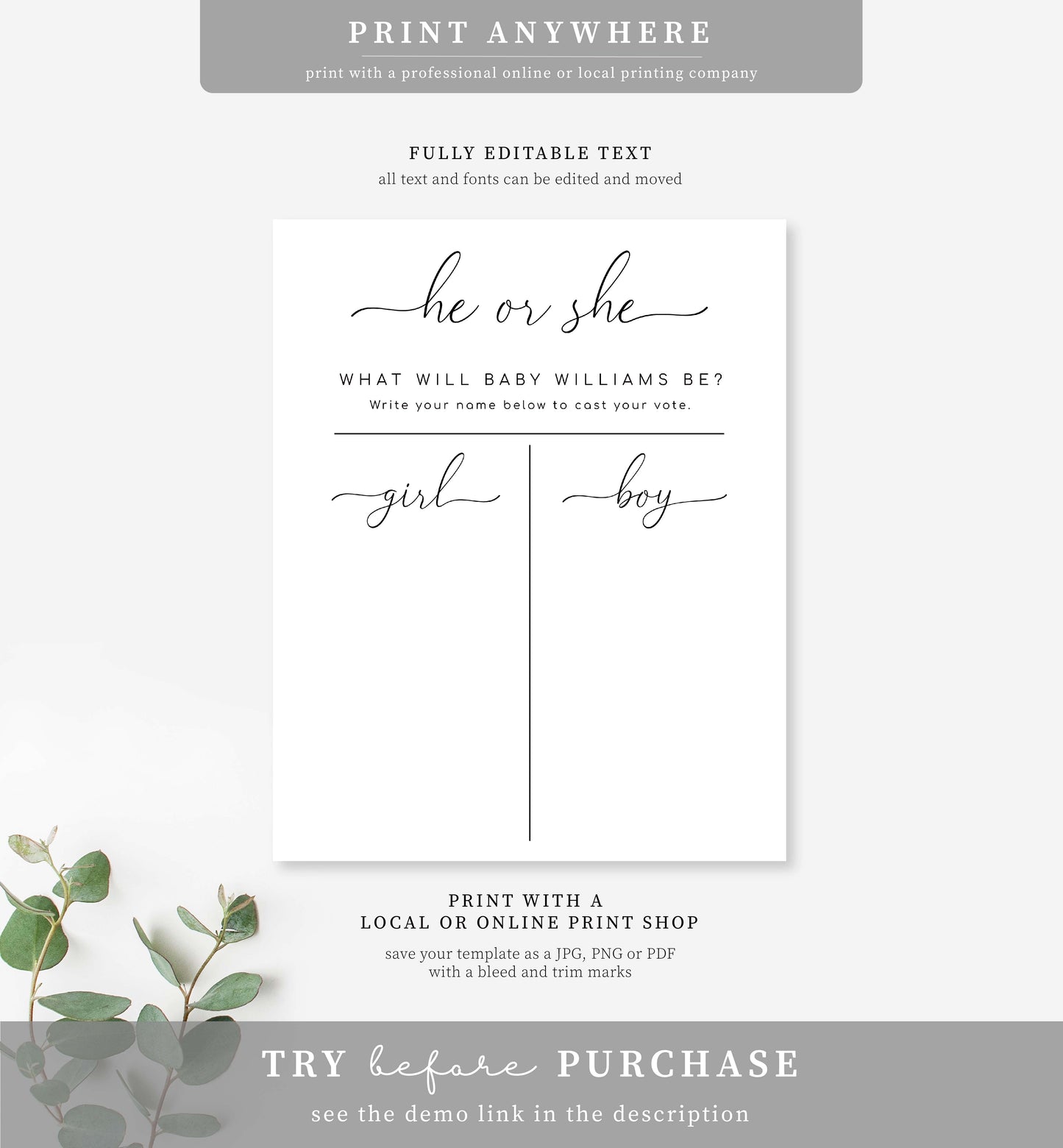 Quinn Scipt White | Printable Gender Reveal Voting Game Sign Template