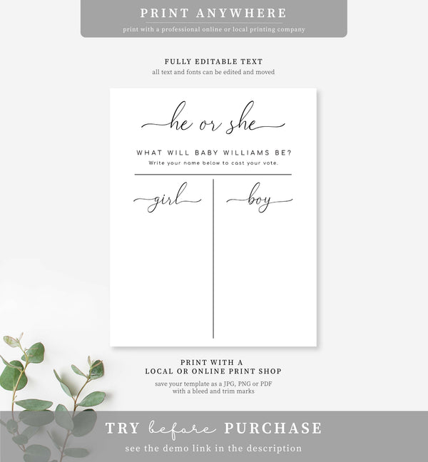 Quinn Scipt White | Printable Gender Reveal Voting Game Sign Template ...