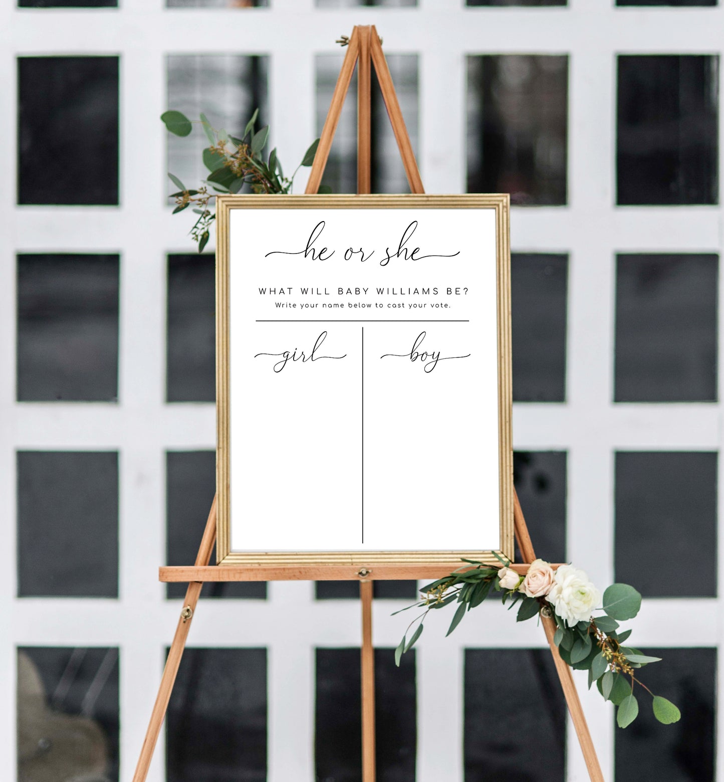 Quinn Scipt White | Printable Gender Reveal Voting Game Sign