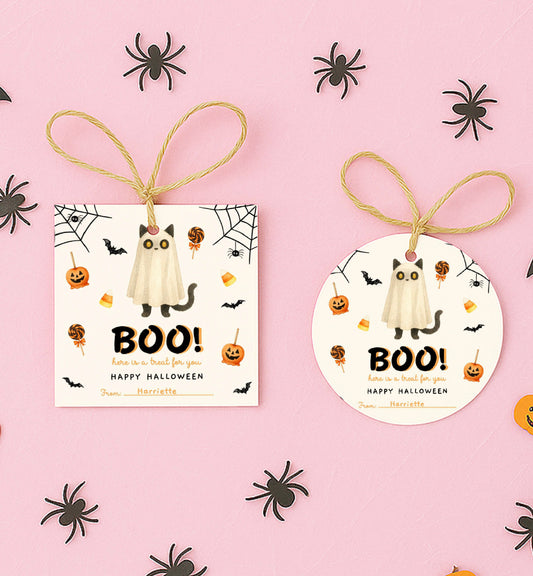 Halloween Favor Tags, Boo Gift Tags, Printable Trick Or Treat Tag, Halloween Ghost Black Cat, Halloween Costume Party Favor Tag