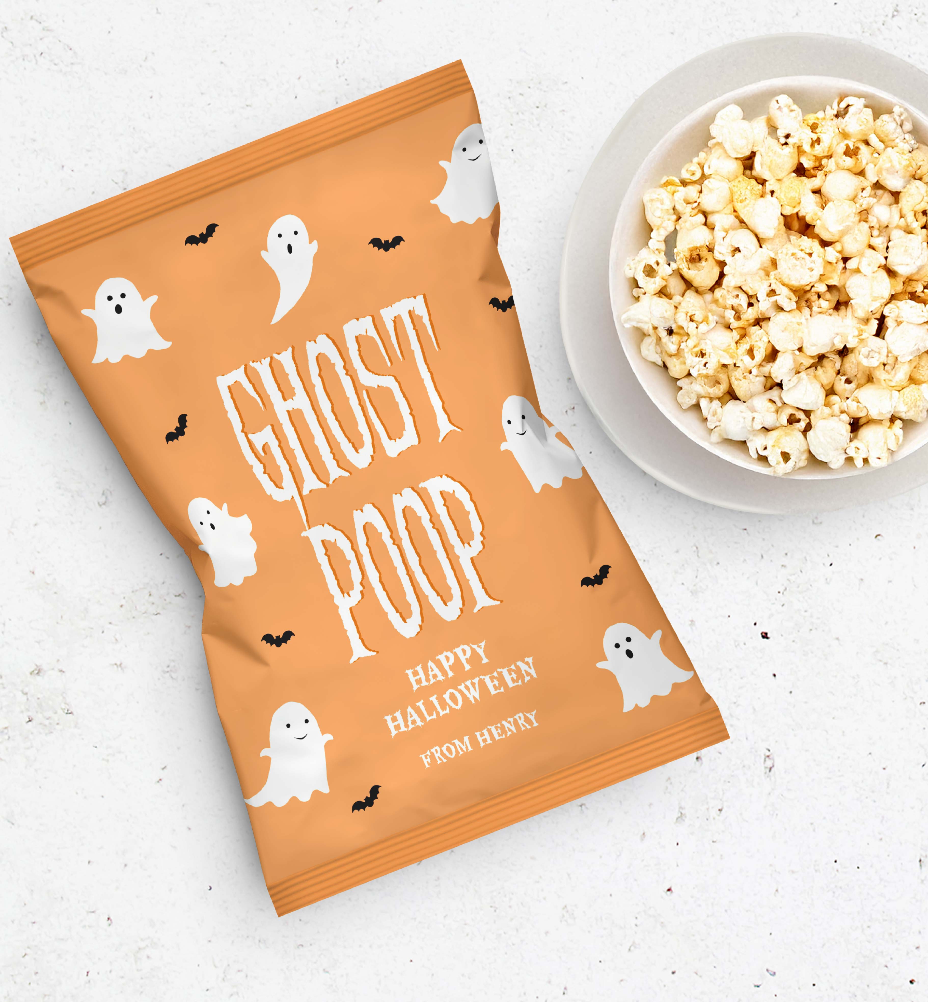 Friendly Ghost Orange | Printable Ghost Poop Popcorn Bag Wrapper Templ ...