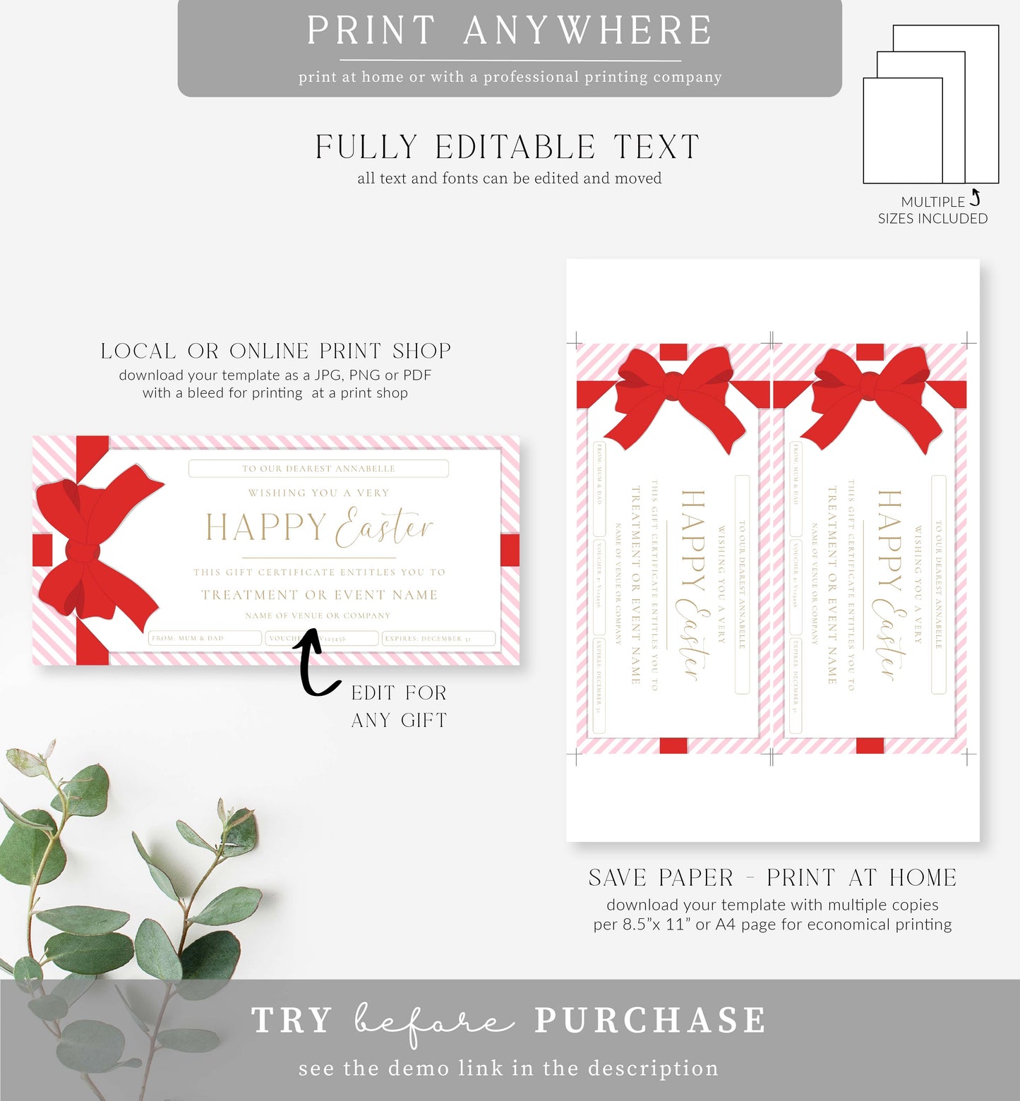 Stipe Pink | Printable Easter Custom Gift Voucher Template