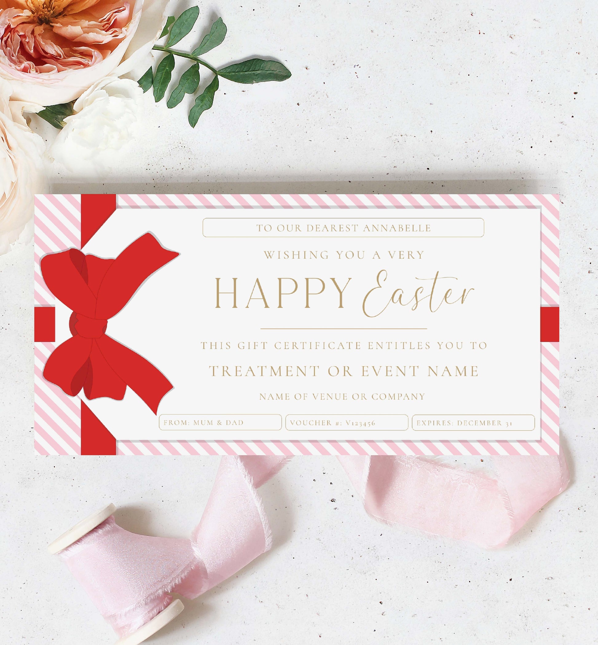 Easter Gift Voucher Template, Fully Custom Printable Gift Certificate Easter Present, Pink Red Easter Basket Gift Coupon, Gift Tag Stripe