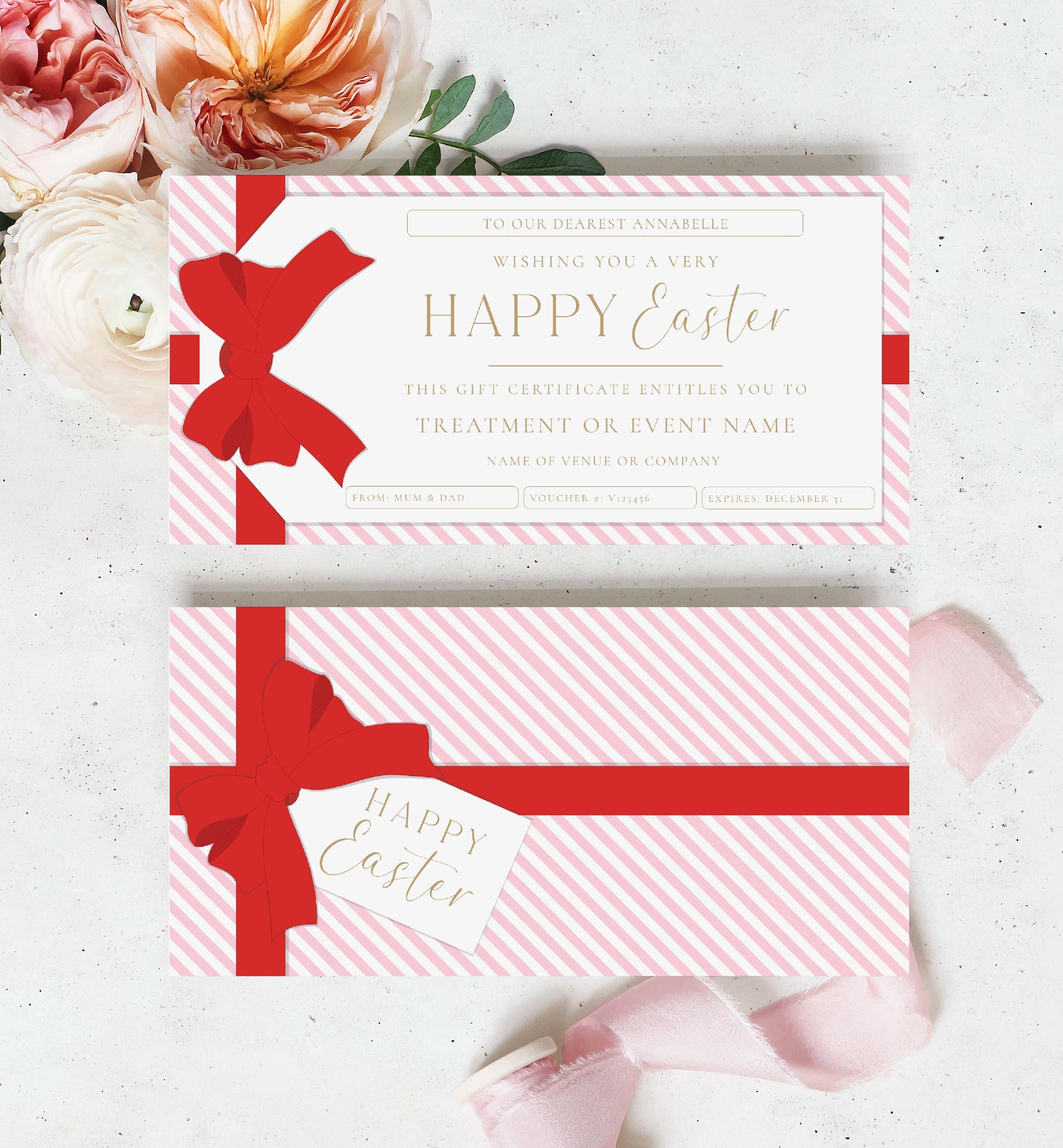 Easter Gift Voucher Template, Fully Custom Printable Gift Certificate Easter Present, Pink Red Easter Basket Gift Coupon, Gift Tag Stripe