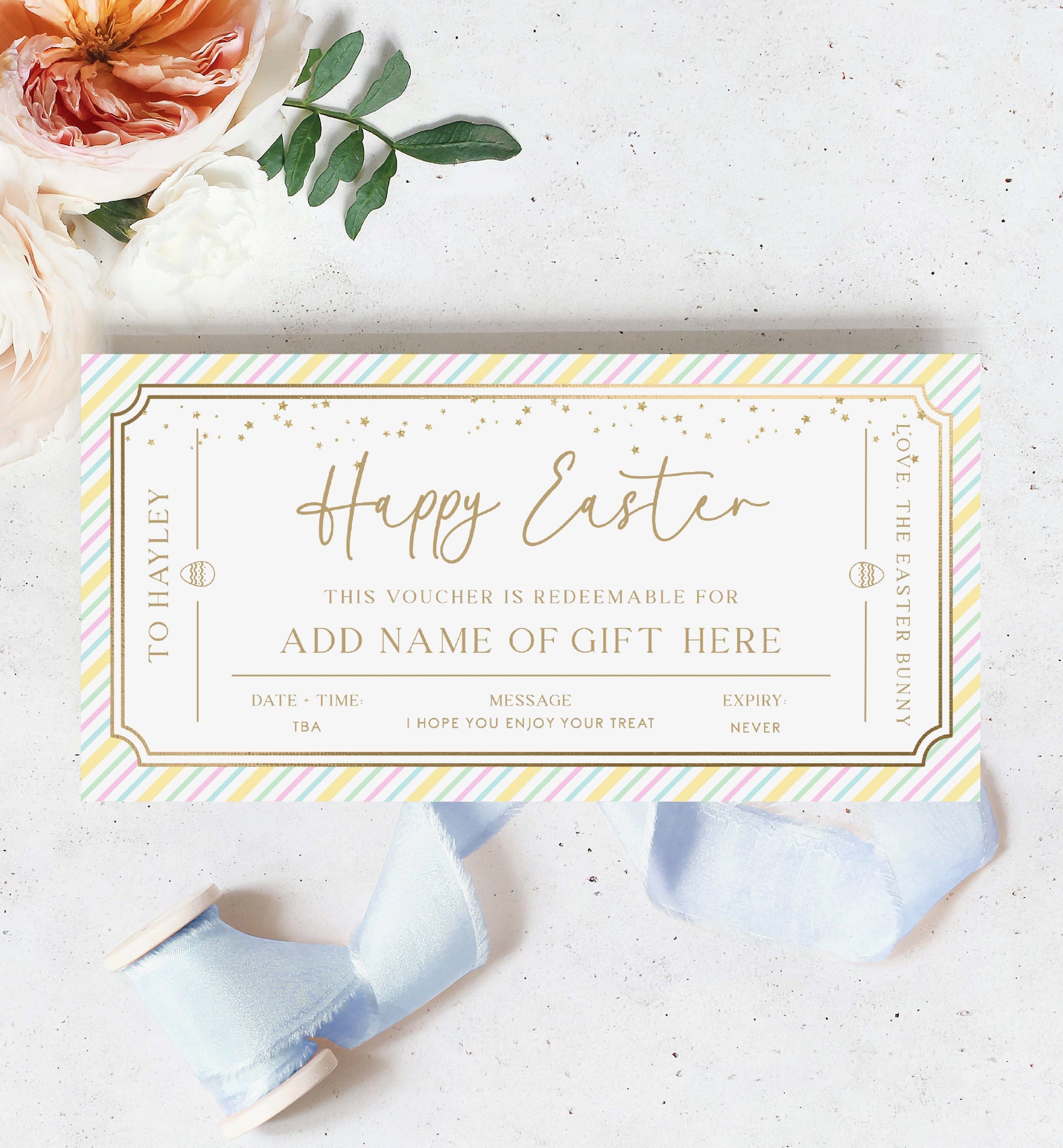 Printable Easter Gift Voucher Template, Fully Custom Gift Certificate Easter Present, Easter Basket Gift Coupon, Alternative Easter Gift, Multi coloured Pastel Stripe
