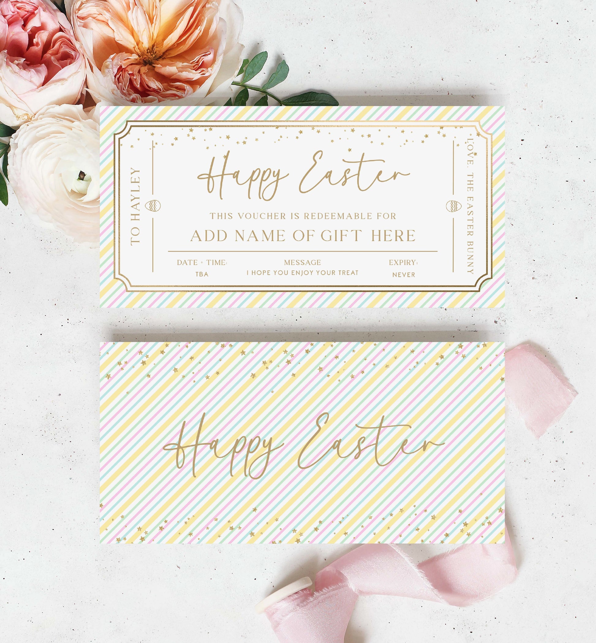 Printable Easter Gift Voucher Template, Fully Custom Gift Certificate Easter Present, Easter Basket Gift Coupon, Alternative Easter Gift, Multi coloured Pastel Stripe