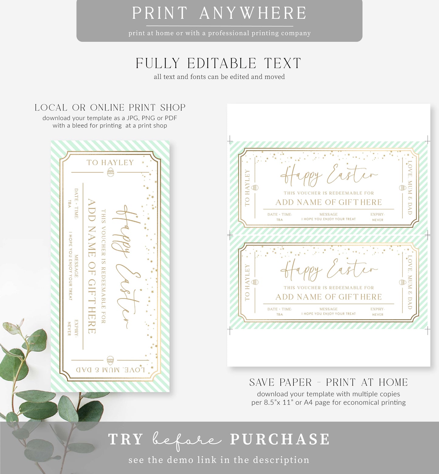 Paintly Green | Printable Easter Custom Gift Voucher Template