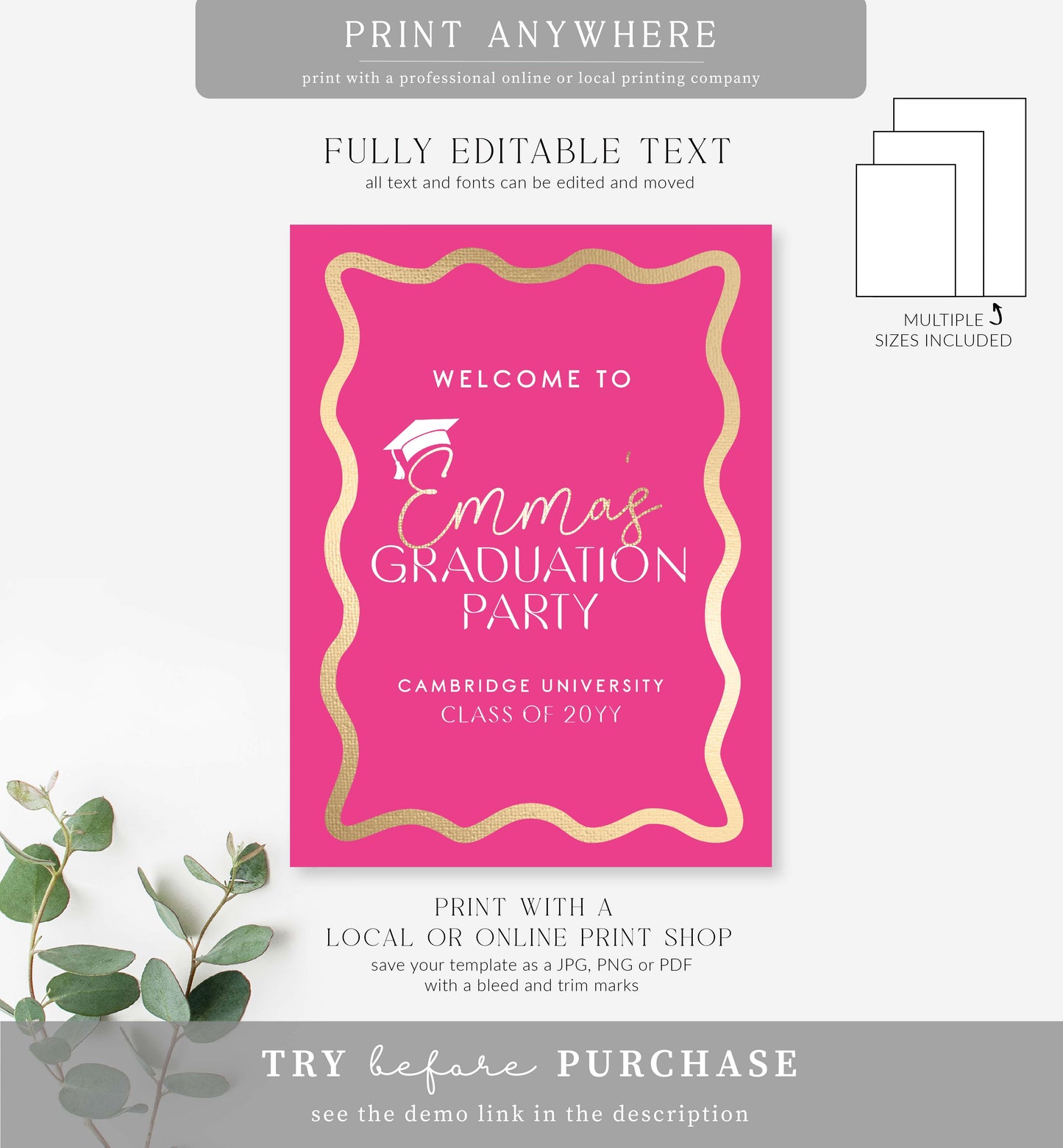 Wave Hot Pink Gold | Printable Graduation Welcome Sign Template