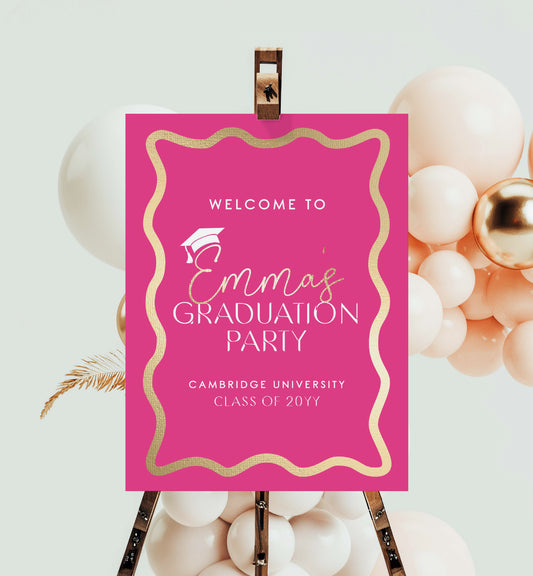 Graduation Welcome Sign Template, Wave Curvy Line, Hot Pink Gold, Printable High School Graduation Welcome Sign, College Graduation