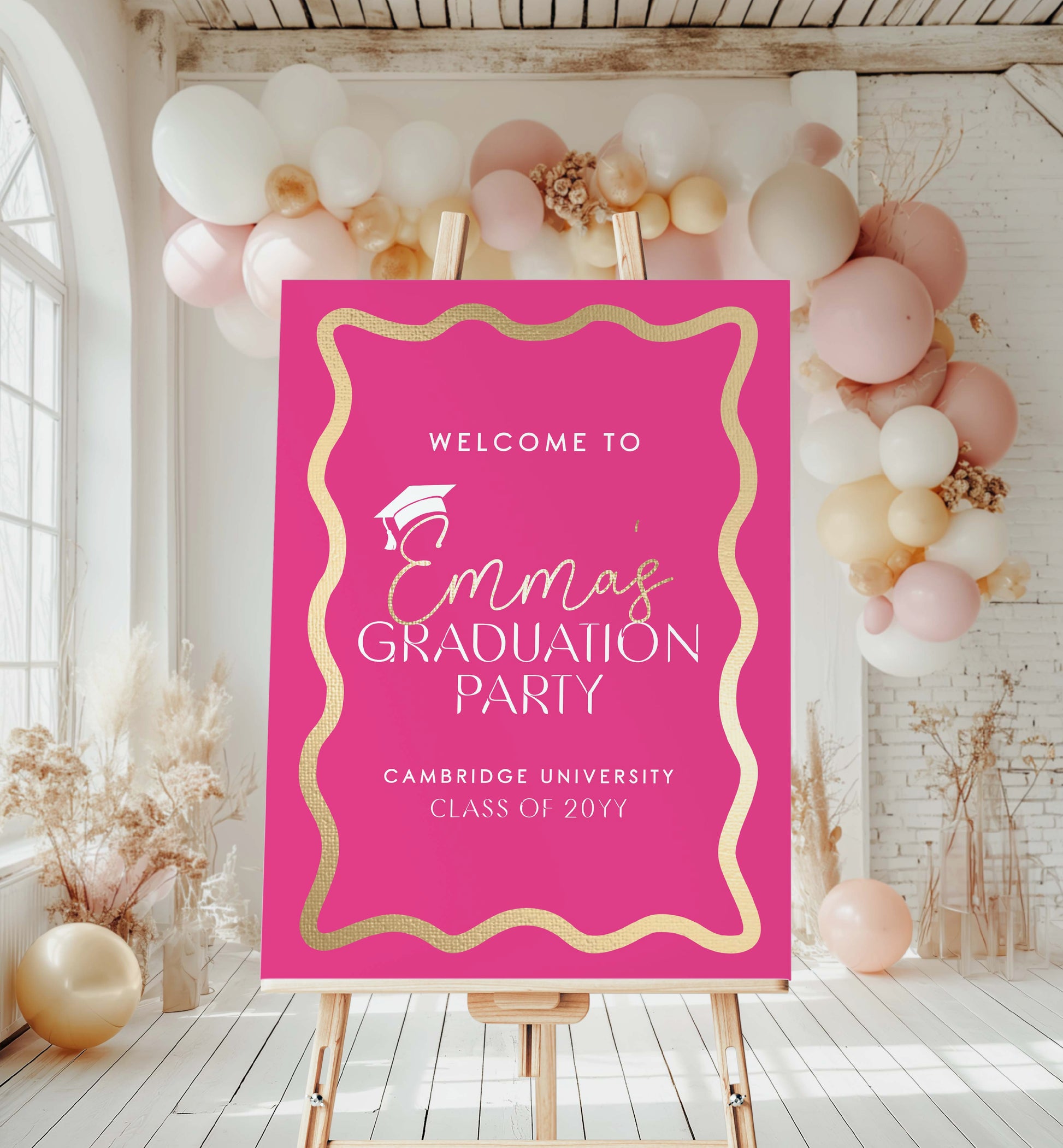 Graduation Welcome Sign Template, Wave Curvy Line, Hot Pink Gold, Printable High School Graduation Welcome Sign, College Graduation
