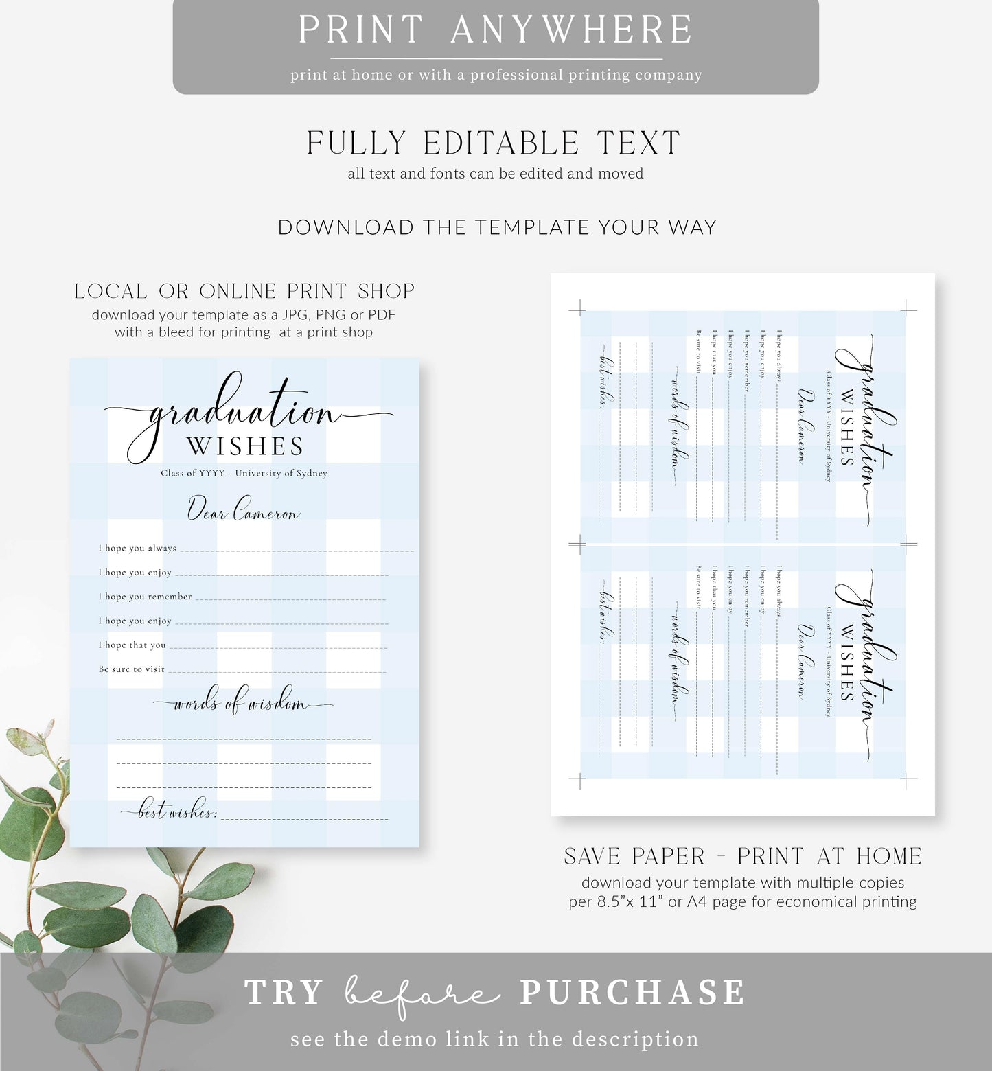 Gingham Blue | Printable Graduation Wishes Card Template