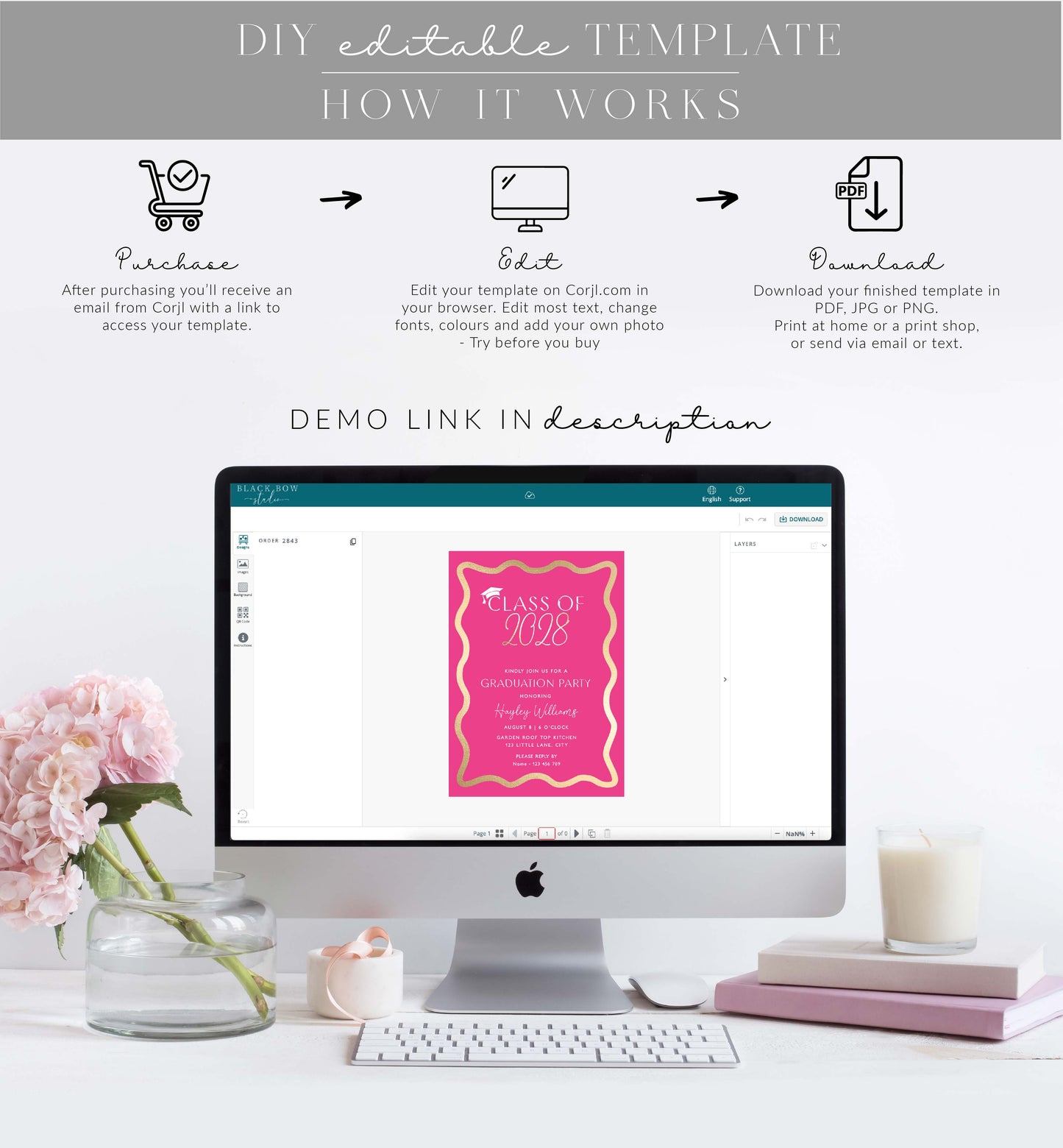 Wave Hot Pink Gold | Printable Graduation Invitation Template