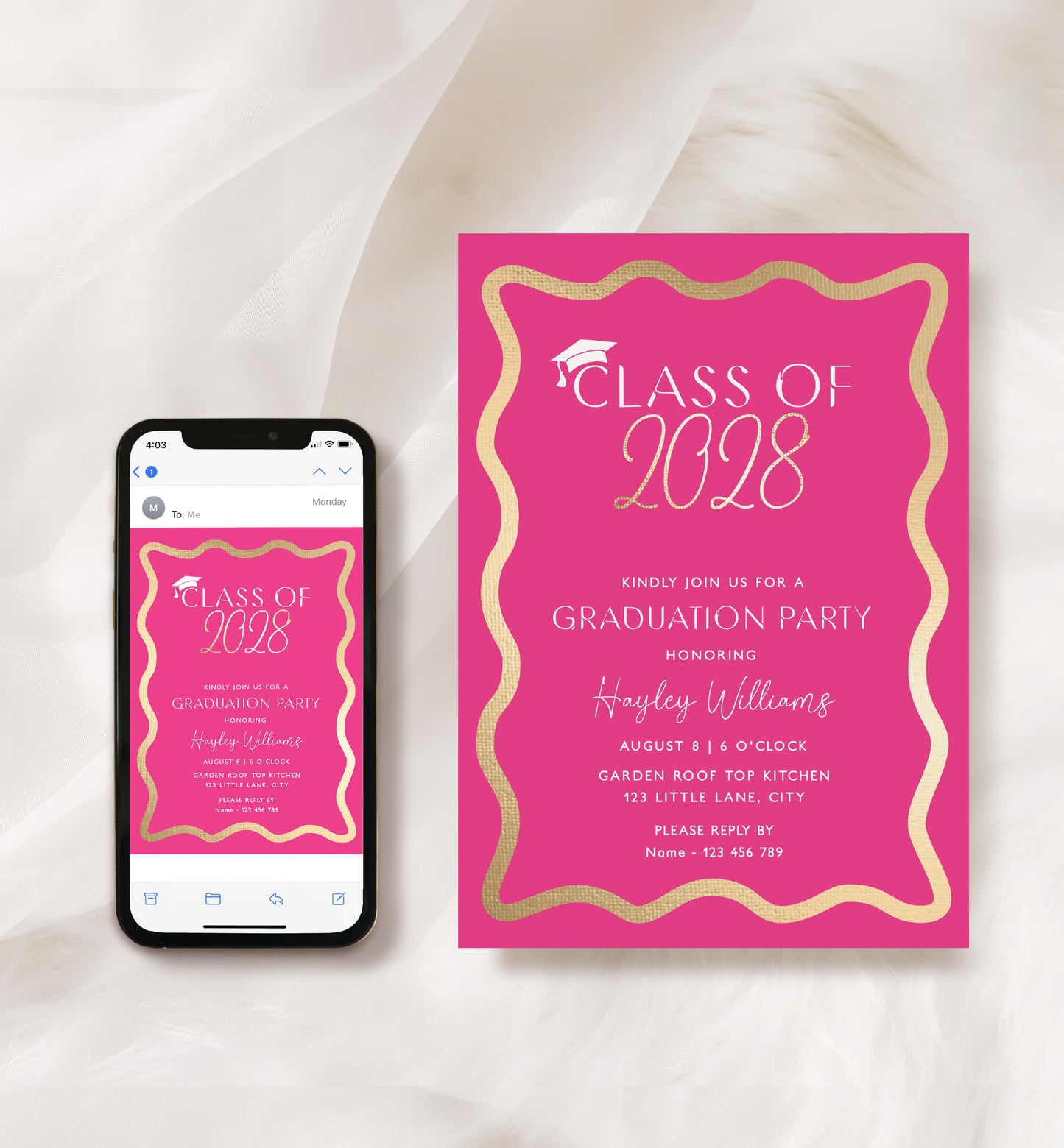 Graduation party invitation with 'Class of 2028' on a pink background, displayed on a phone screen. Class Of 2026 Graduation Party Invite, Printable Hot Pink College Graduation Invite, High School Grad Invite, University Graduation, Wave