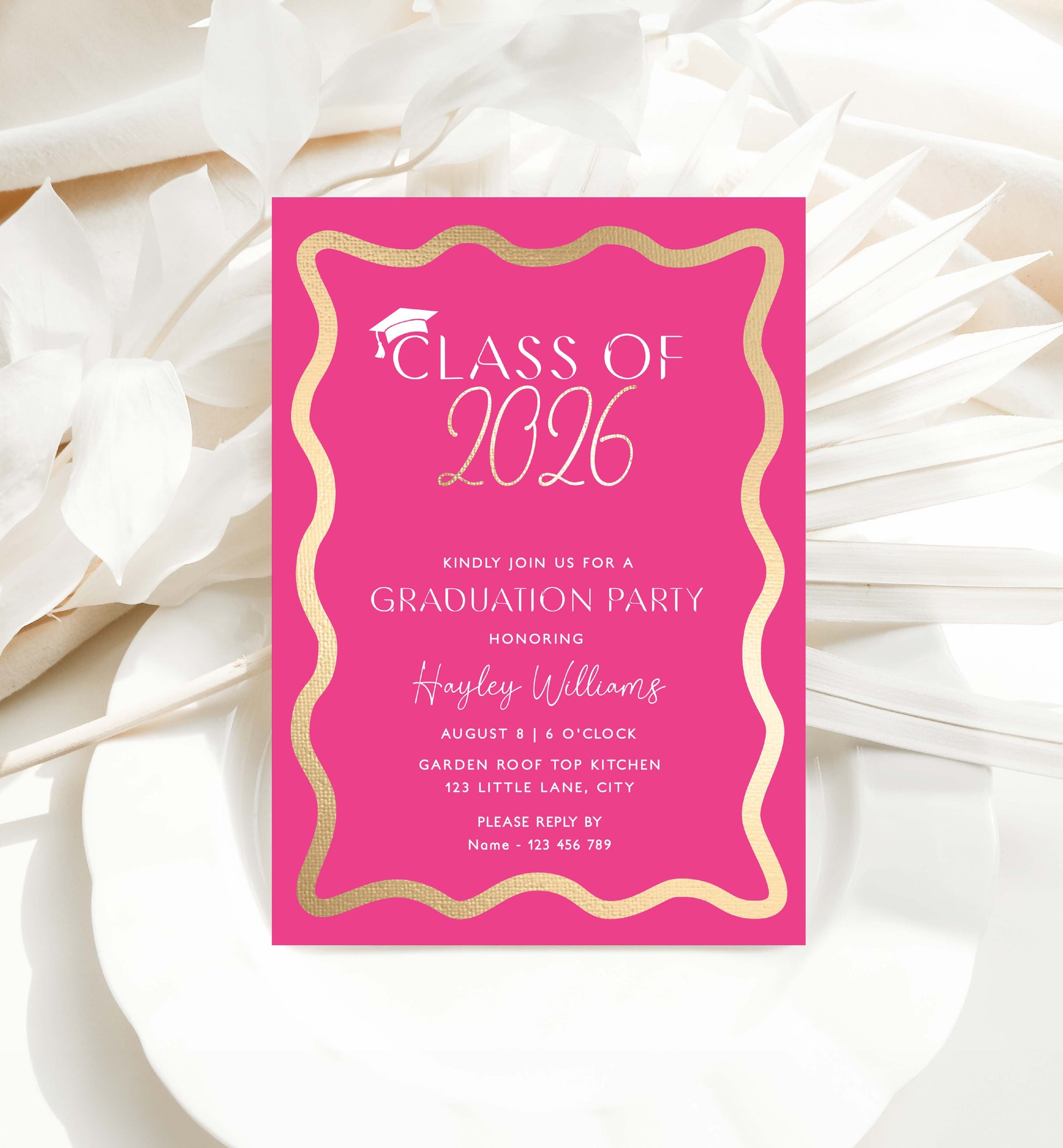 Wave Hot Pink Gold | Printable Graduation Invitation Template Black Bow Studio Wave Hot Pink Gold | Printable Graduation Invitation Template Black Bow Studio