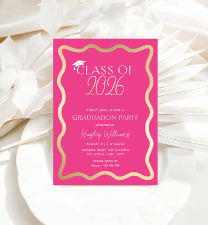 Graduation party invitation card with pink background and gold accents on a white floral background. Class Of 2026 Graduation Party Invite, Printable Hot Pink College Graduation Invite, High School Grad Invite, University Graduation, Wave