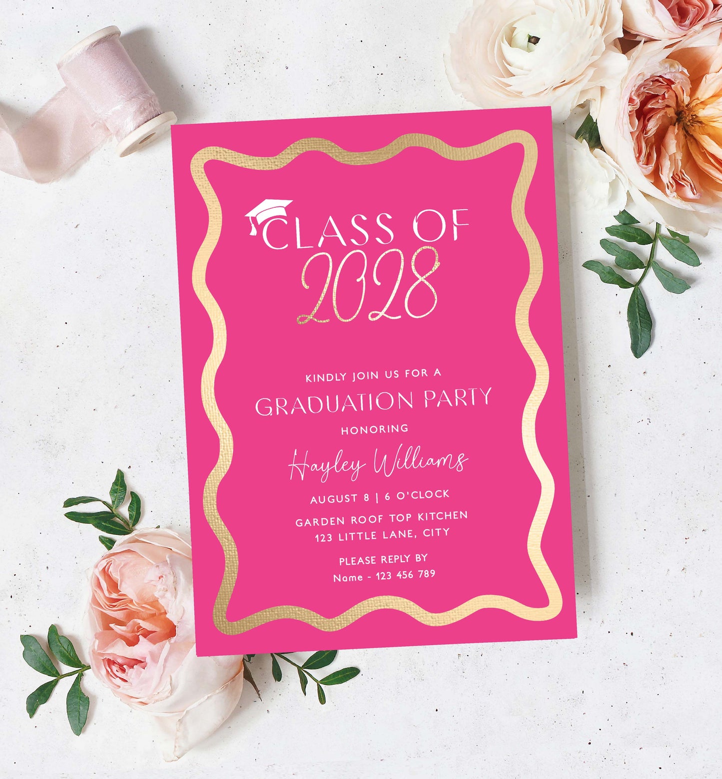 Graduation party invitation card with pink and gold design on a white background with flowers. Class Of 2026 Graduation Party Invite, Printable Hot Pink College Graduation Invite, High School Grad Invite, University Graduation, Wave