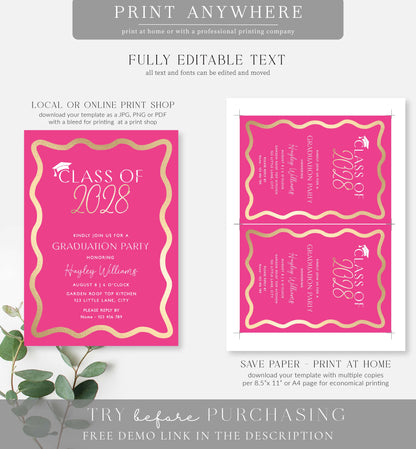 Wave Hot Pink Gold | Printable Graduation Invitation Template