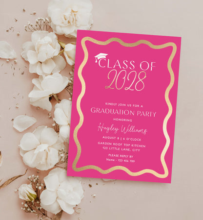 Graduation party invitation card with 'Class of 2028' text on a pink background with white flowers. Class Of 2026 Graduation Party Invite, Printable Hot Pink College Graduation Invite, High School Grad Invite, University Graduation, Wave