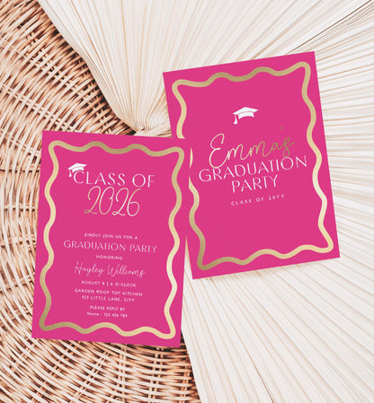 Two pink graduation party invitations with gold text on a woven surface. Class Of 2026 Graduation Party Invite, Printable Hot Pink College Graduation Invite, High School Grad Invite, University Graduation, Wave