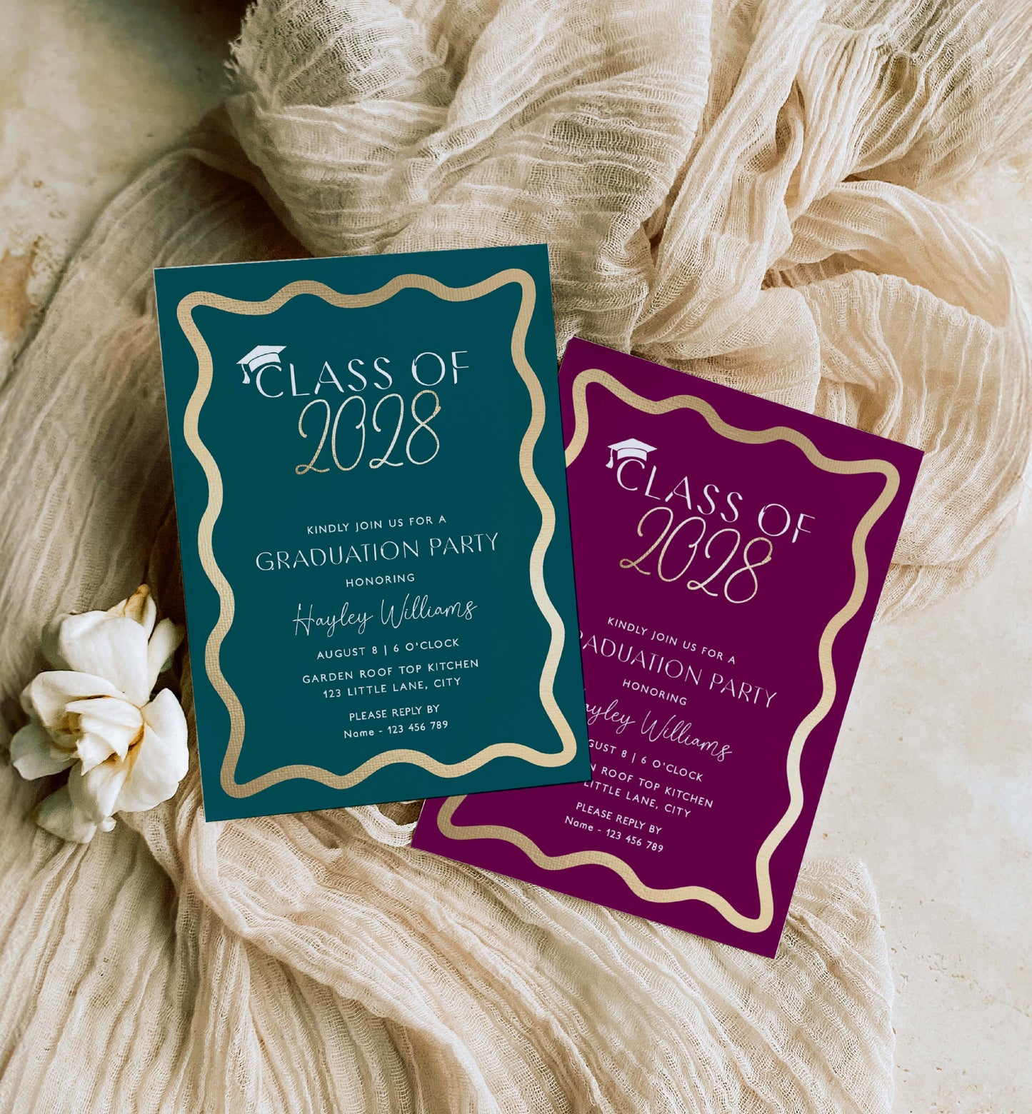 Two graduation party invitations for Class of 2028 on a textured fabric background. Class Of 2026 Graduation Party Invite, Printable Hot Pink College Graduation Invite, High School Grad Invite, University Graduation, Wave