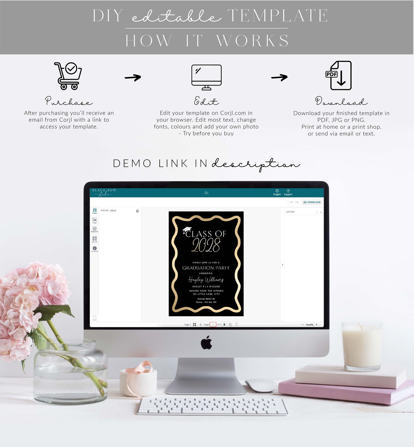 Wave Black Gold | Printable Graduation Invitation Template